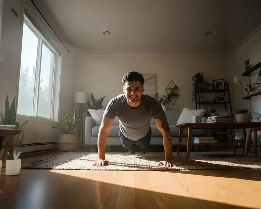 Man doing push-ups in a sunlit living room
